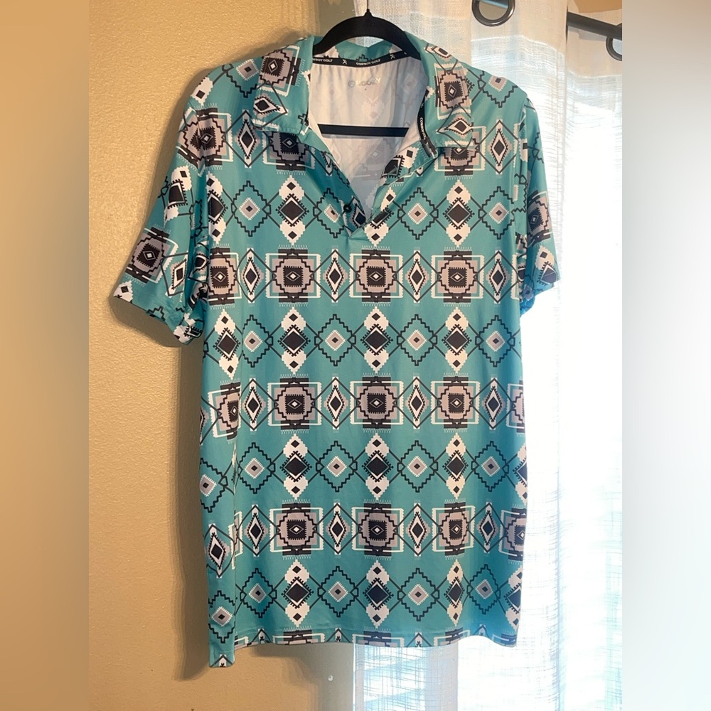 Hooey Turquoise Aztec Print Short Sleeve Polo
